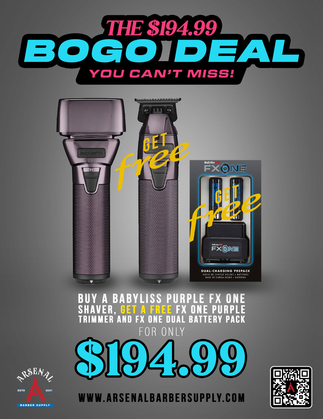 BOGO DEAL! Babyliss FxOne Purple Shaver + Babyliss FxOne Purple Trimmer + Babyliss FxOne Dual Battery Kit