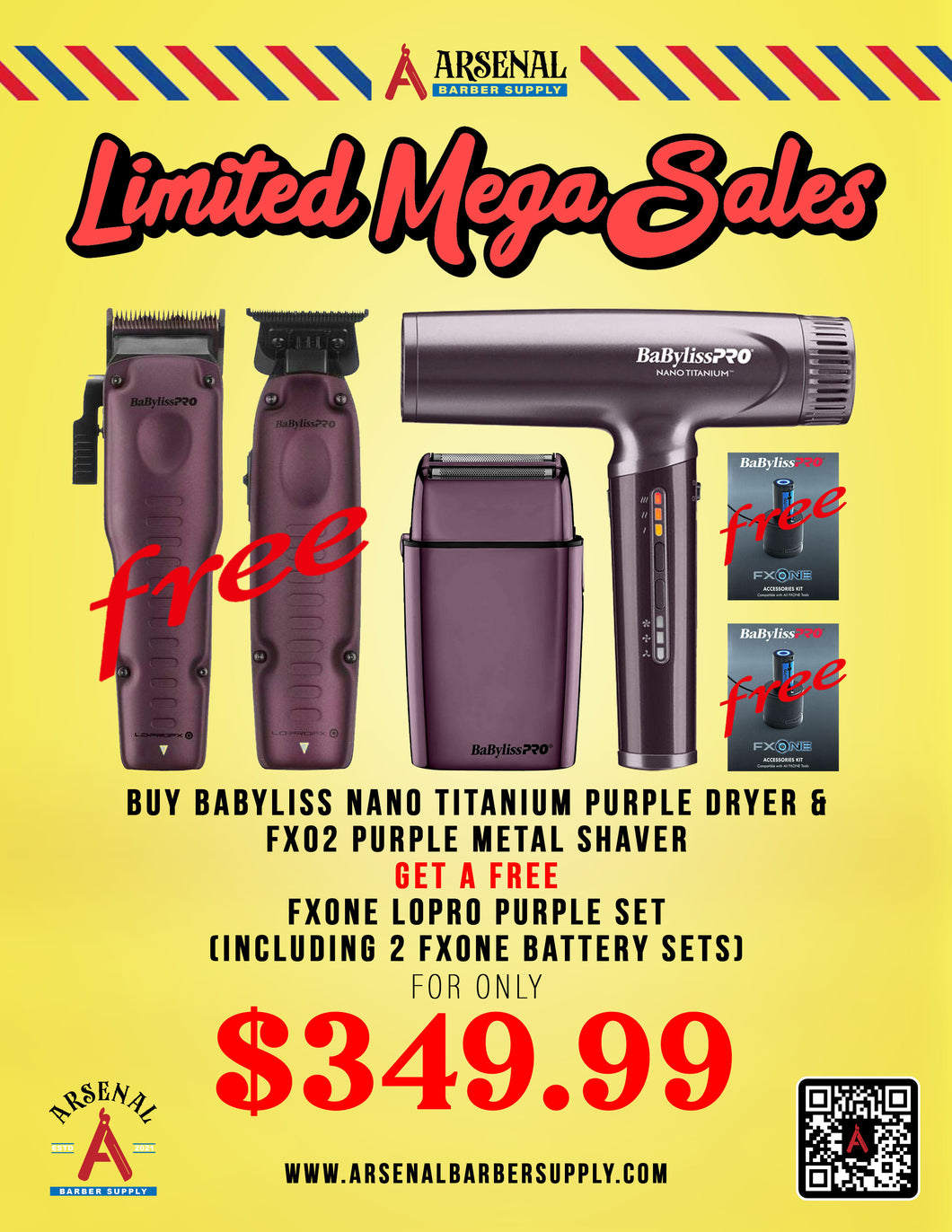 LIMITED MEGA SALE! Babyliss FxOne Lo-Pro Purple Clipper Trimmer Set + Babyliss PurpleFx Shaver + Babyliss Nano Titanium Purple Blow Dryer + 2 Babyliss FxOne Accessories Kit