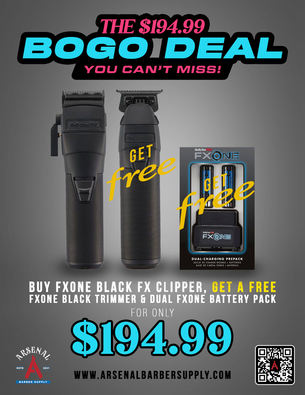 BOGO DEAL! Babyliss FxOne Black Clipper + Babyliss FxOne Black Trimmer & Babyliss FxOne Dual Battery Pack