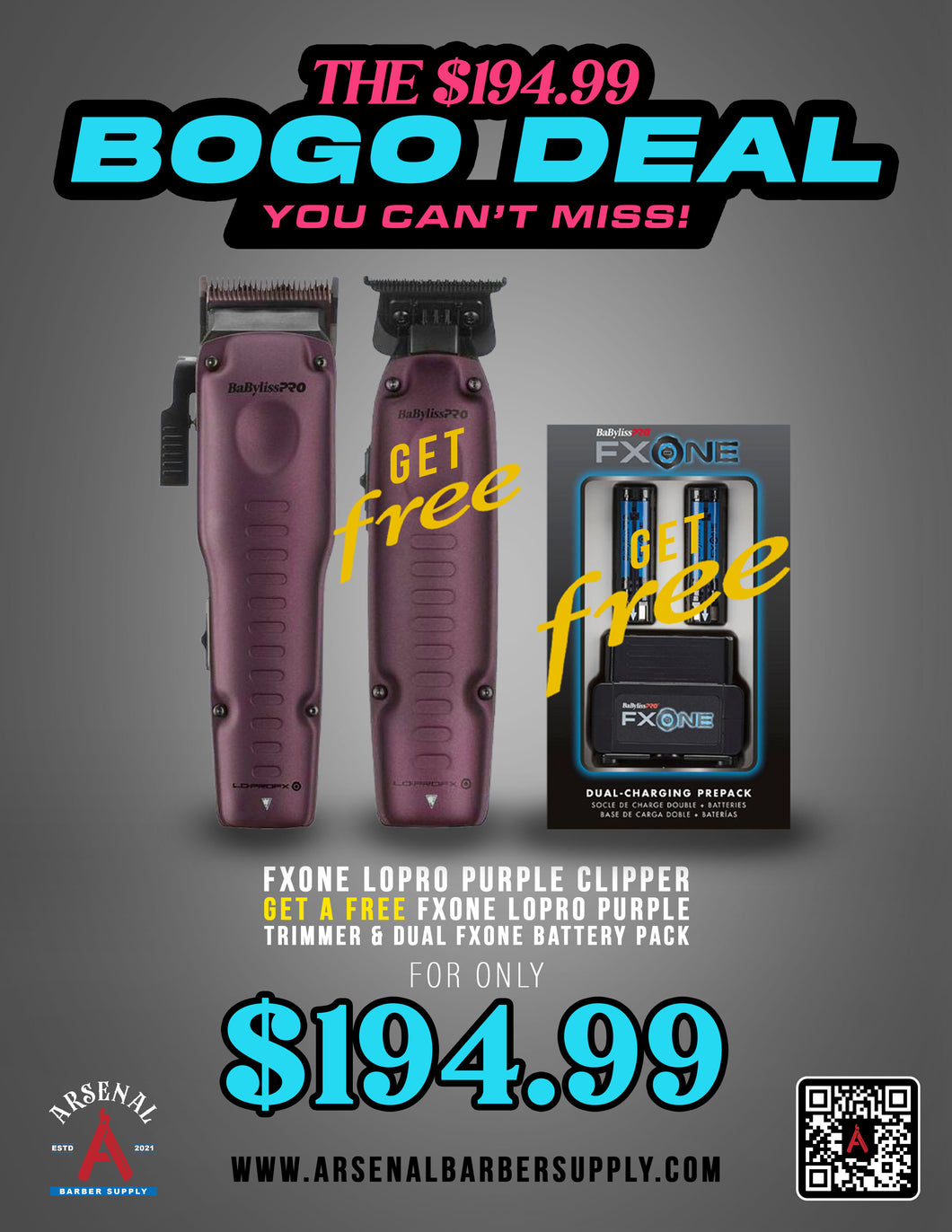 BOGO DEAL! Babyliss FxOne Lo-Pro Purple Clipper + Babyliss FxOne Lo-Pro Trimmer + Babyliss FxOne Dual Battery Kit