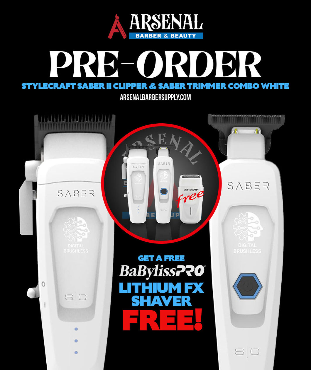 White Saber Clipper II and Trimmer Pre order, Get Free lithium Babyliss shaver free.
